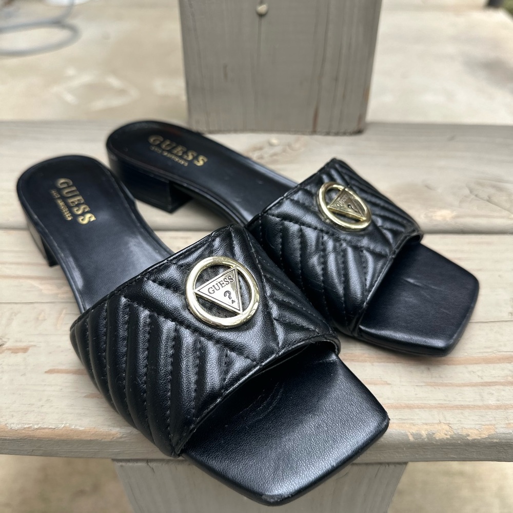 Guess Black Quilted Mules with Gold Accent